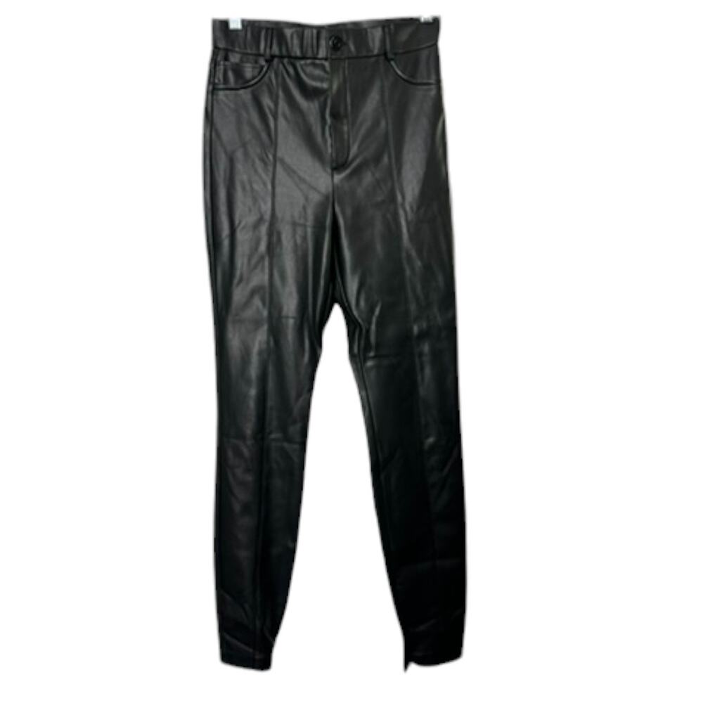 Zara Black Faux Leather High Waisted Pants with Zip Hem Women's Sz Medium